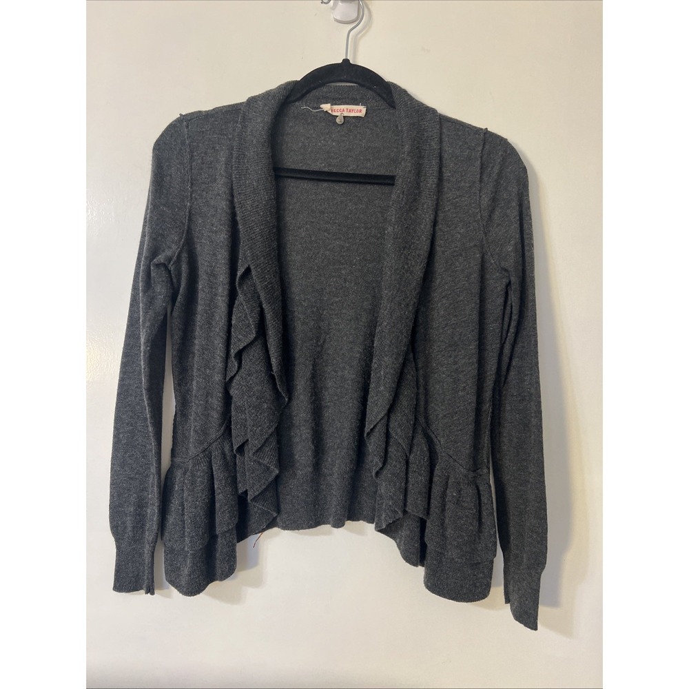 Rebecca Taylor To Knit Open Front Ruffle Cardigan S Dark Gray Wool Blend‎